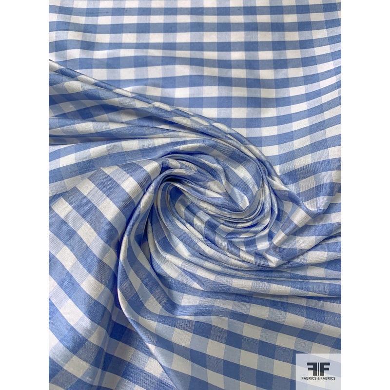 Gingham Check Silk Shantung – Carolina Blue / White Fabric by the Yard
