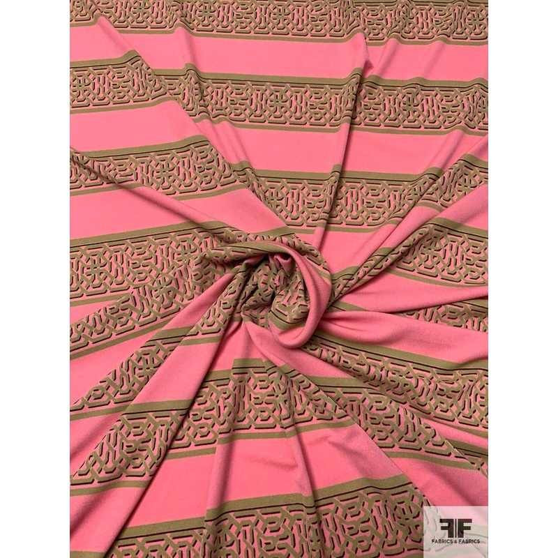Horizontal Lattice Striped Printed Silk Jersey Knit – Pink / Light Olive / Plum Fabric by the Yard