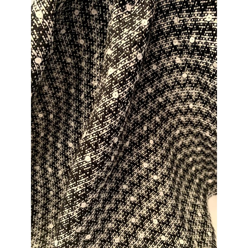 Italian Cotton Blend Chevron Tweed with Scattered Sequins – Black / White Fabric by the Yard