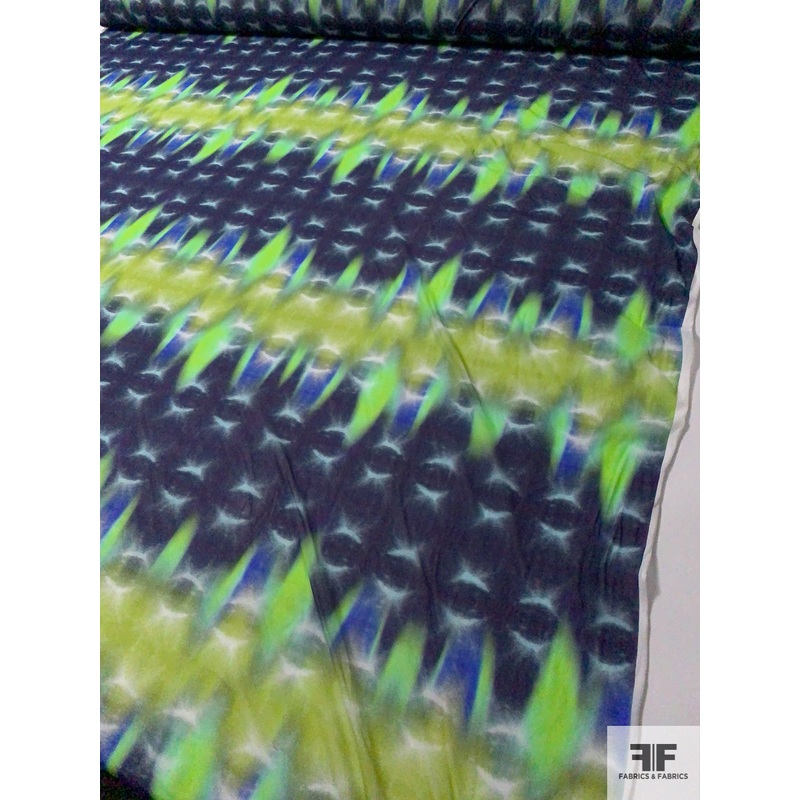 Italian Prabal Gurung Tie-Dye Printed Soft Stretch Mesh Tulle – Navy / Chartreuse / Green Fabric by the Yard