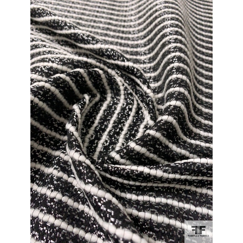 Italian Stripe Textured Ladies Tweed Suiting – Black / Off-White / Grey Fabric by the Yard