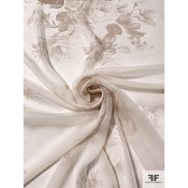 Romantic Floral Printed Silk Chiffon – Beige / Ivory Fabric by the Yard
