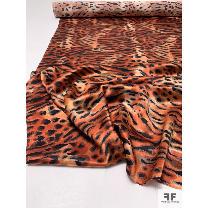 Animal Pattern Printed Silk Charmeuse – Fiery Brown / Black / Taupe Fabric by the Yard