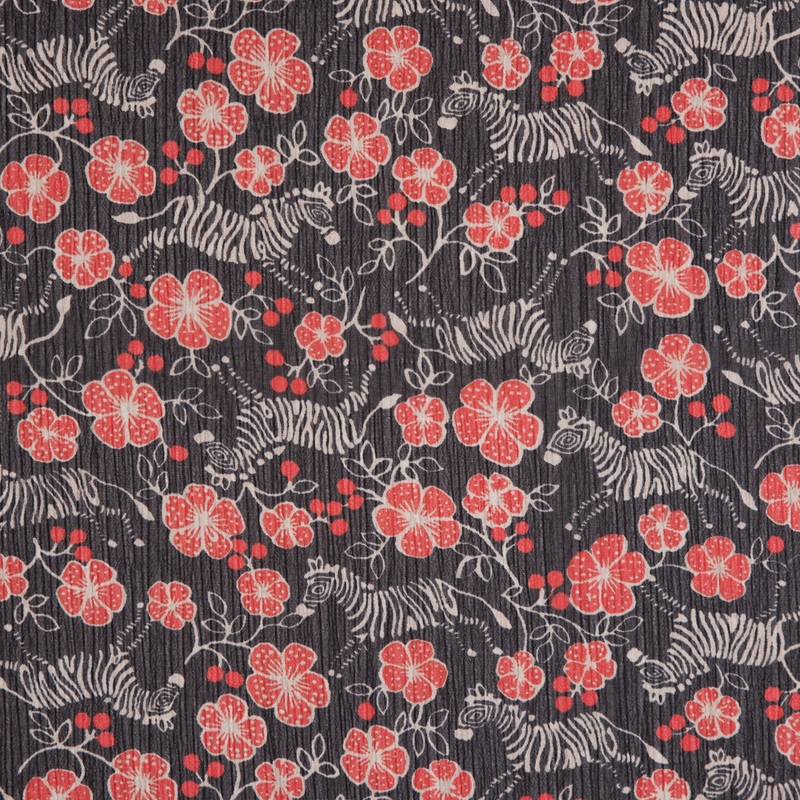 Famous Designer Red/Black Zebra and Floral Printed Crinkled Chiffon