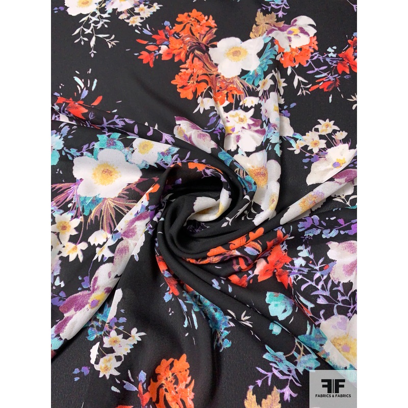 Floral Bouquet Printed Polyester Georgette – Hot Coral / Turquoise / Black Fabric by the Yard