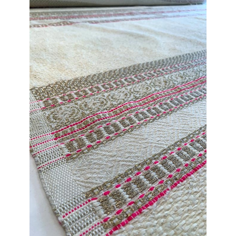 Italian Glam Boucle Tweed with Boho Chic Pattern – Off-White / Hot Pink / Gold Fabric by the Yard