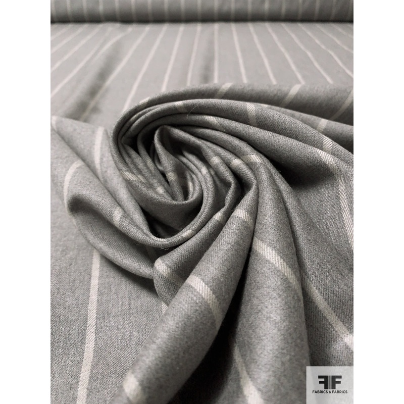 Made in England Super 120s Vertical Striped Wool Suiting – Heather Grey / Light Ivory Fabric by the Yard