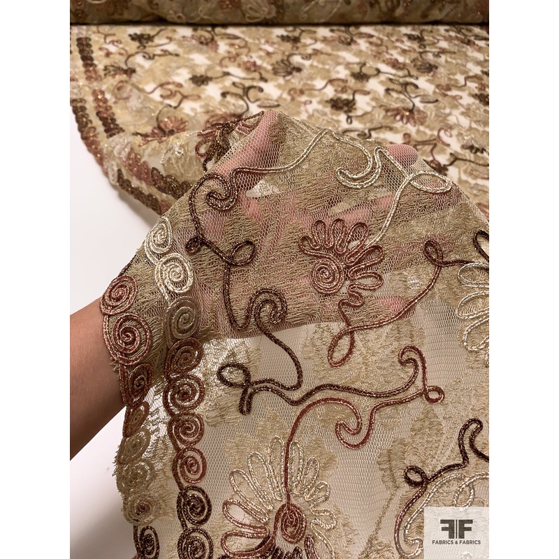 Metallic Netting with Floral Embroidery and Cording – Gold / Browns / Off-White Fabric by the Yard