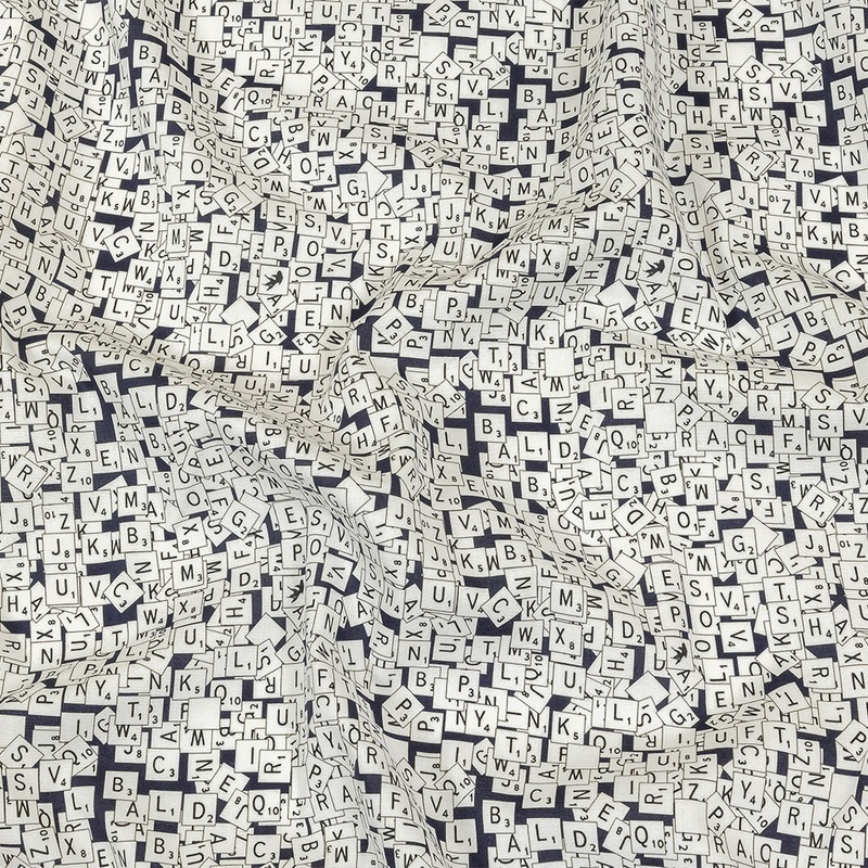 Navy Blazer, Vulcan and Snow White Word Game Tiles Stretch Cotton Shirting
