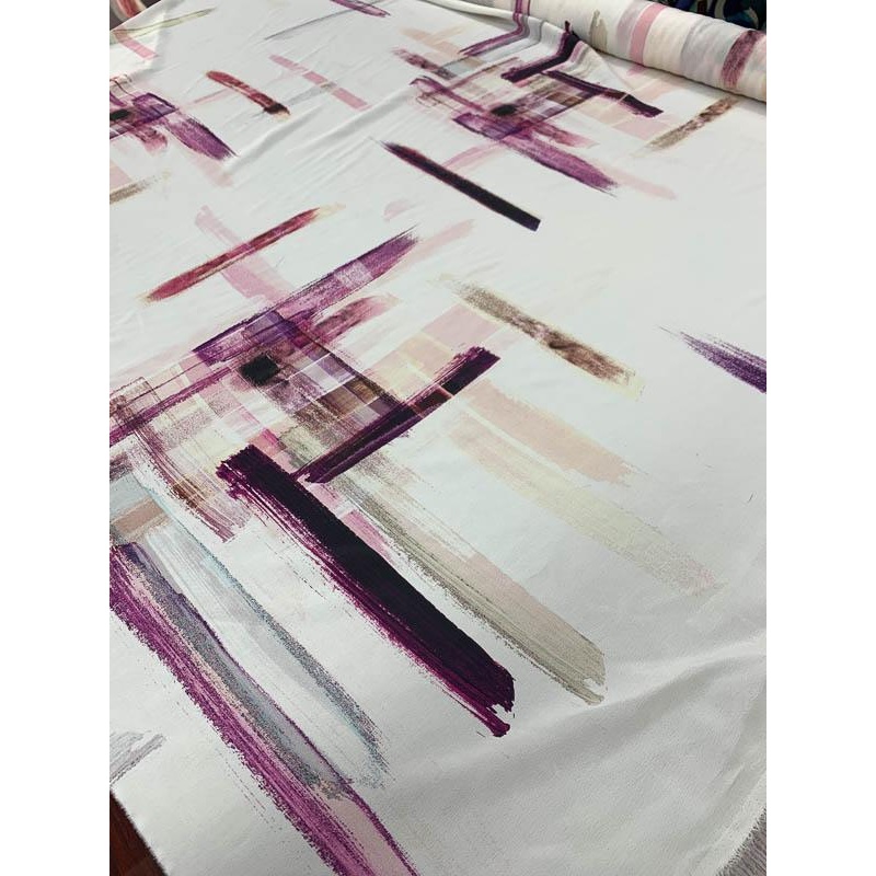 Painterly Brushstrokes Printed Silk Crepe de Chine – Purple / Plum / Pink / White Fabric by the Yard
