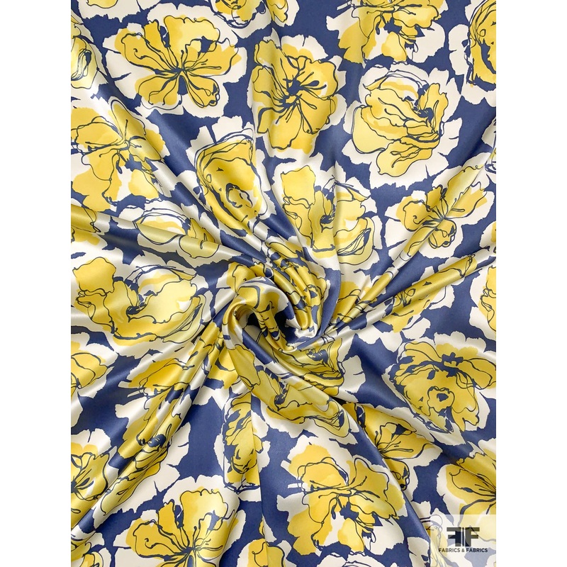 Painterly Floral Printed Silk Charmeuse – Yellow / Steel Blue / White Fabric by the Yard