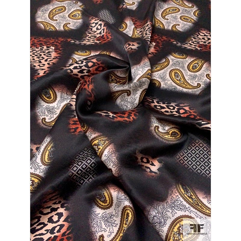 Paisley and Animal Pattern Blend Printed Silk Charmeuse – Black / Fiery Brown / Yellow / White Fabric by the Yard