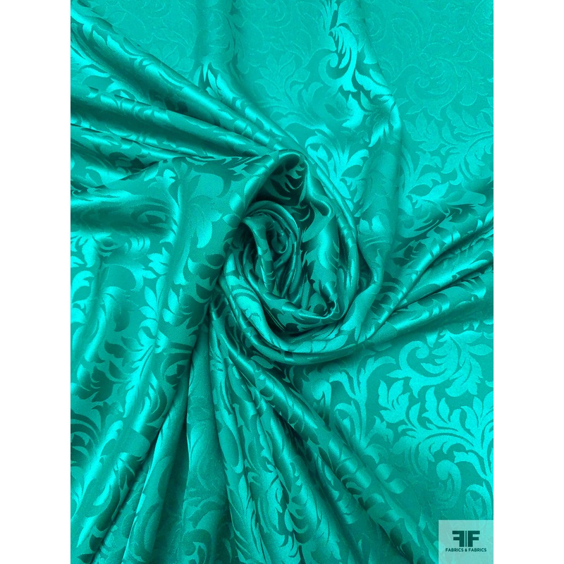 Paisley Leaf Vine Jacquard Silk Charmeuse – Emerald Teal Fabric by the Yard