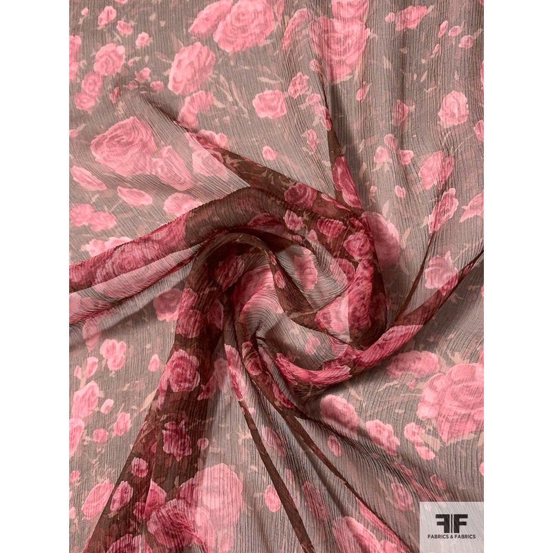 Romantic Floral Crinkled Silk Chiffon – Dusty Rose / Brown Fabric by the Yard