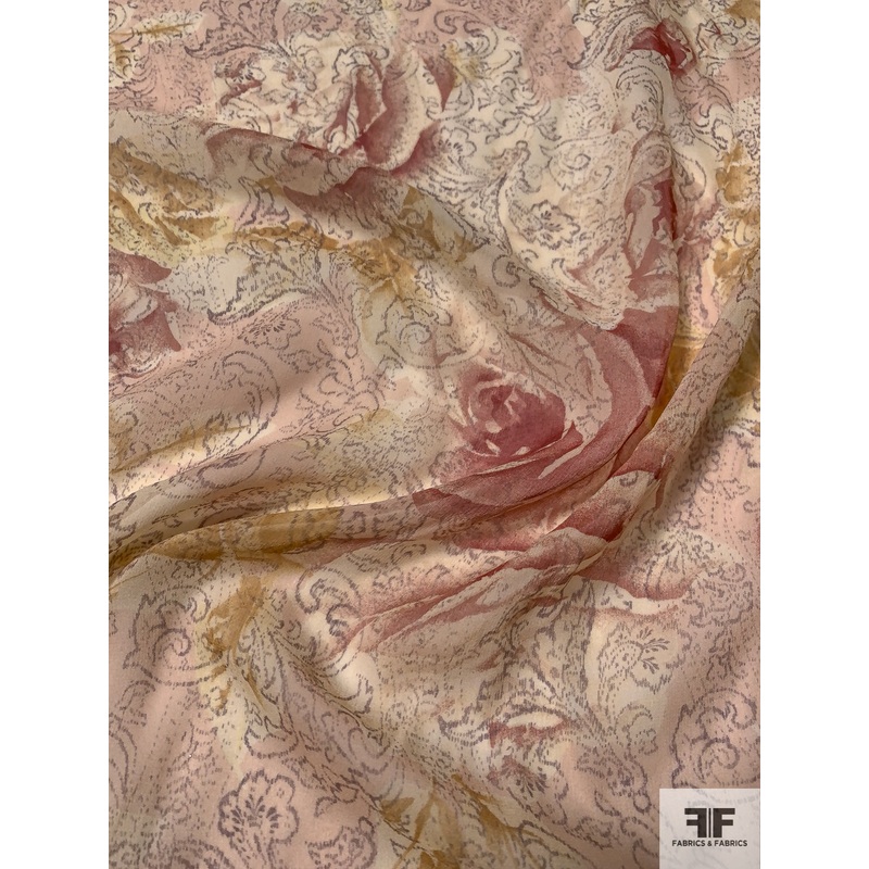 Shadow Floral Paisley Printed Silk Chiffon – Blush / Mauve Fabric by the Yard
