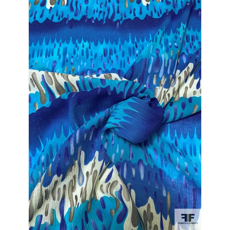 Vibrant Drip Printed Cotton Gauze – Turquoise / Blue / Grey / White Fabric by the Yard