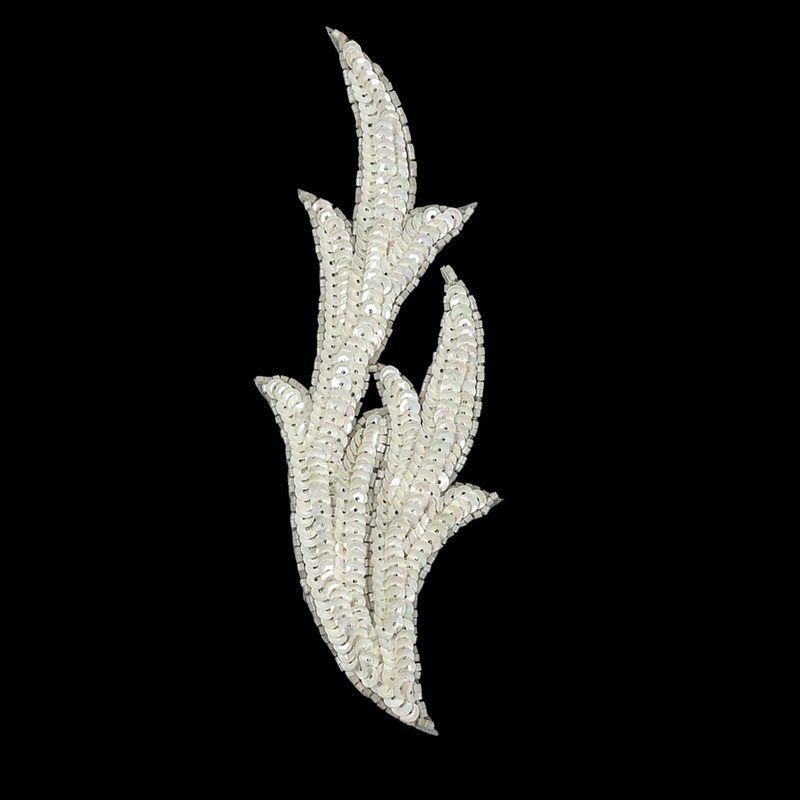 Vintage White Iris Leaf Sequined Applique – 7.5″ X 2.5″
