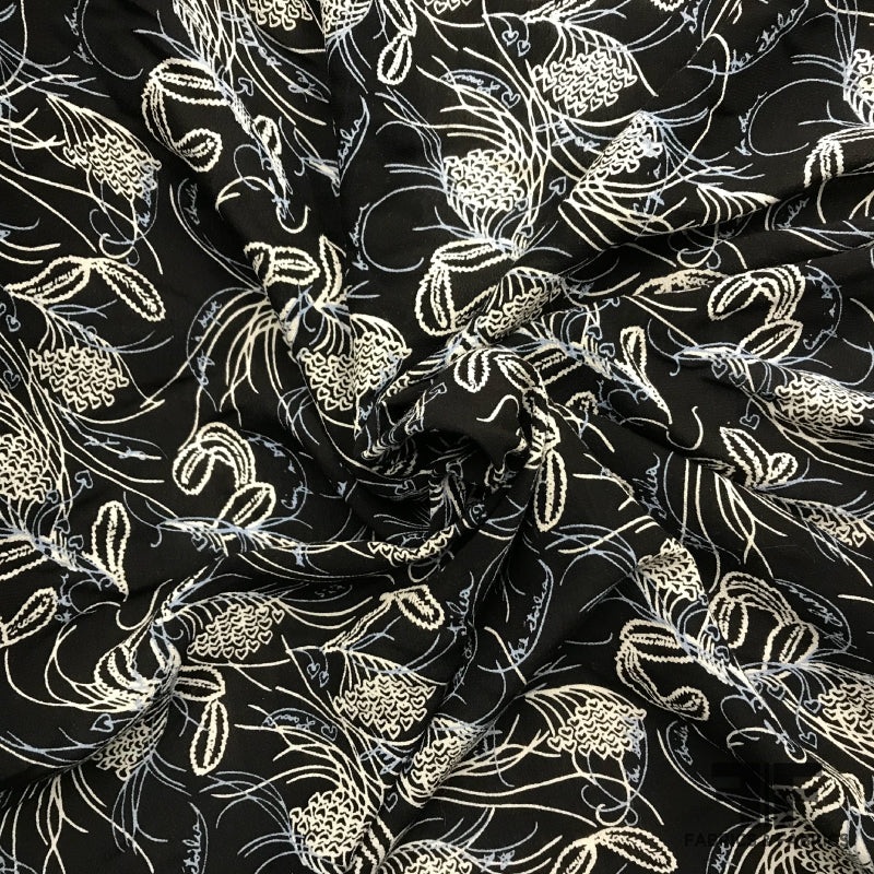 Abstract Floral Printed Rayon Crepe – Black / Off-White / Blue Fabric by the Yard