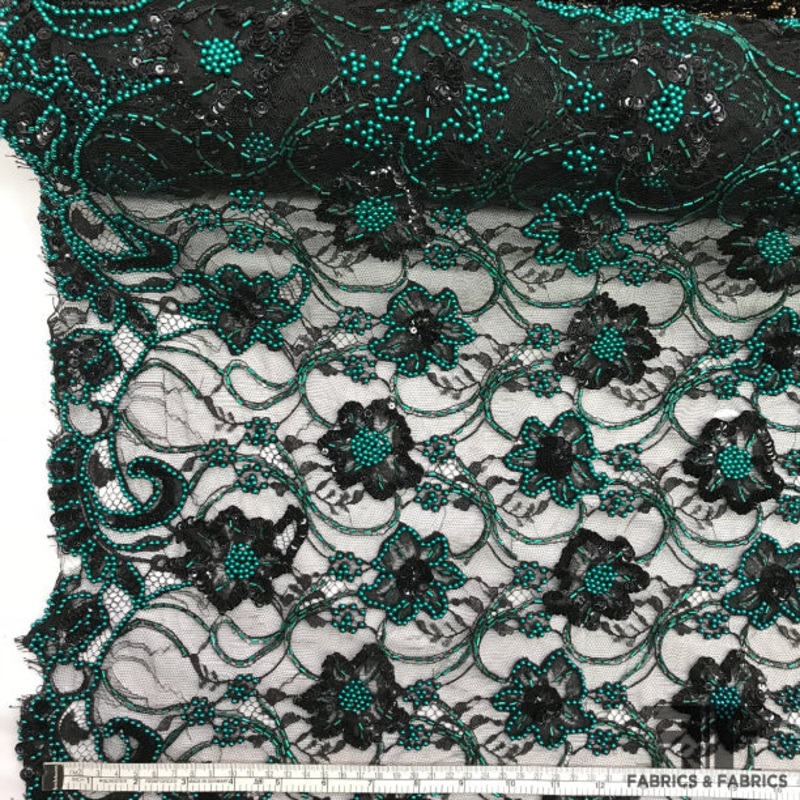 Couture Beaded Chantilly Lace – Black/Teal Fabric by the Yard