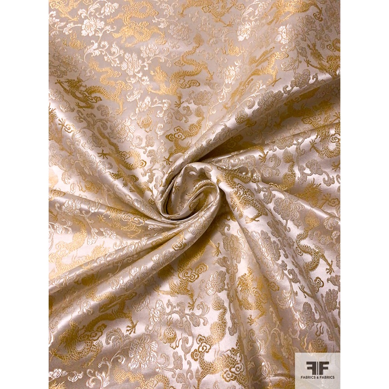 Dragon Floral Oriental Satin Jacquard Brocade – Ivory / Gold / Light Cream Fabric by the Yard