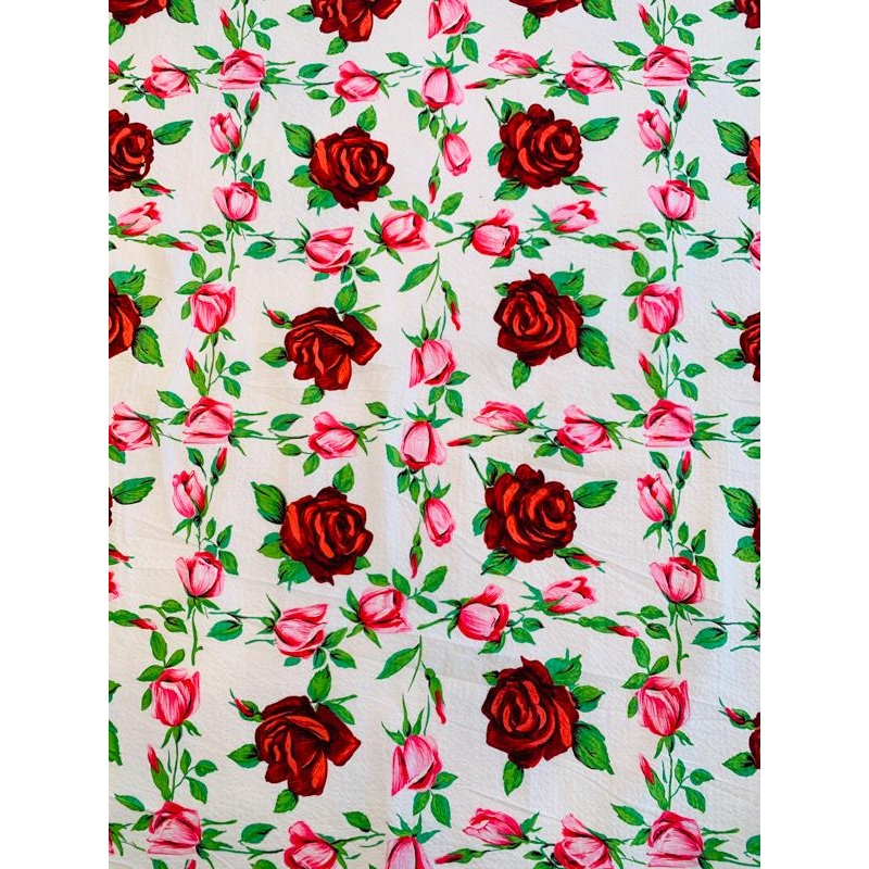 Floral Rose Pliss Stretch Printed Cotton Shirting – White / Red / Pink / Green Fabric by the Yard