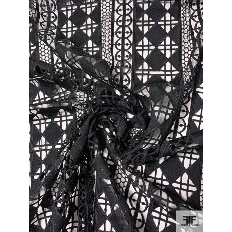 Geometric Ethnic Linear Guipure Lace – Black Fabric by the Yard