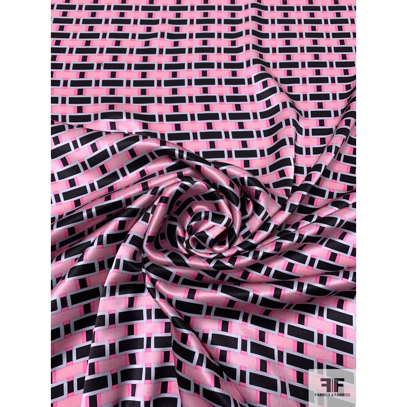 Geometric Fence Printed Silk Charmeuse – Soft Pink / Pink / Icy Sky / Black Fabric by the Yard
