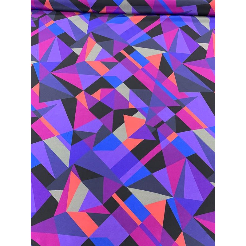 Geometric Matrix Printed Silk Crepe de Chine – Purple / Blue / Magenta / Black Fabric by the Yard