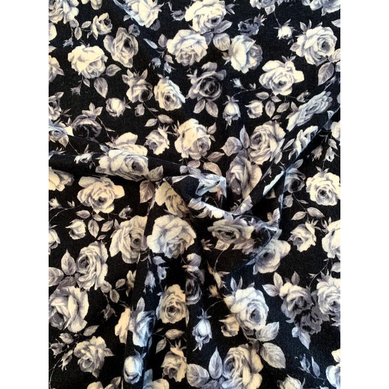 Italian Floral Brushed Printed Wool – Black / White / Grey Fabric by the Yard