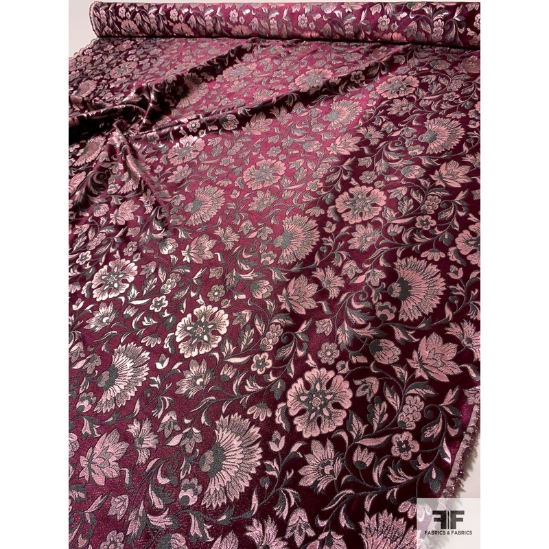Italian Oriental Floral Metallic Brocade – Wine / Metallic Pink / Dark Grey Fabric by the Yard
