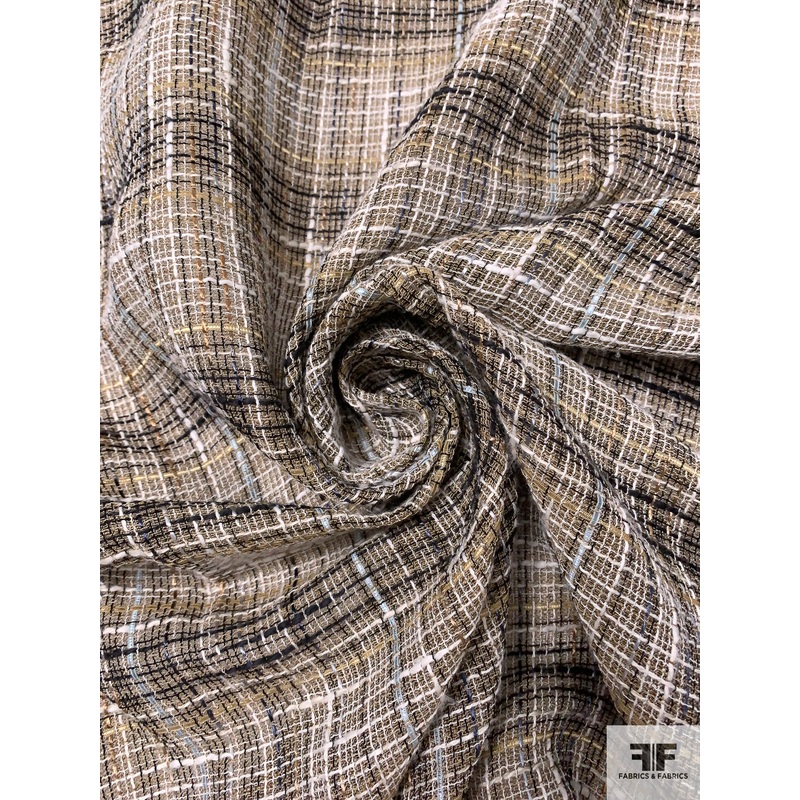 Italian Plaid Loosely Woven Lightweight Tweed Suiting – Tan / Off-White / Black Fabric by the Yard