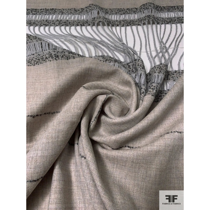 Italian Striped and Fringed Light Wool Gabardine Shawl Panel – Sand / Beige Fabric by the Panel