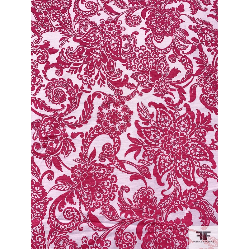 Paisley Floral Printed Stretch Linen-Look Dressweight Cotton – Berry Hot Pink / Off-White Fabric by the Yard