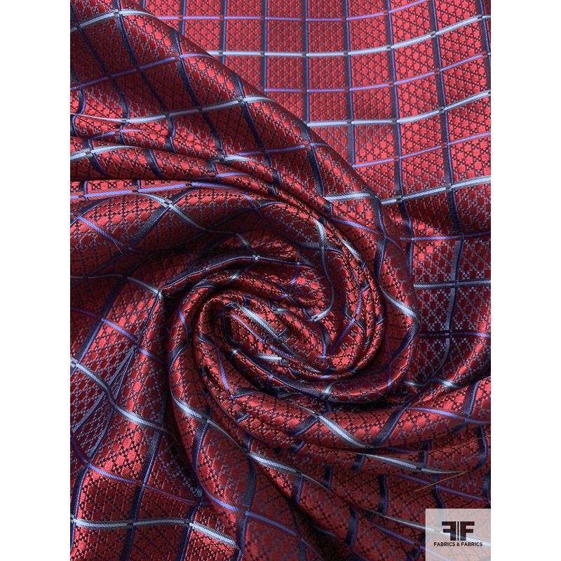 Timeless Grid Silk Necktie Jacquard Brocade – Maroon / Navy / Light Blue Fabric by the Yard
