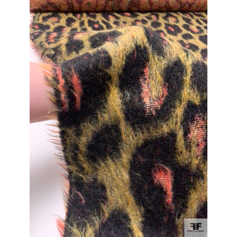 Animal Pattern Brushed Mohair Boucl Coating – Dusty Yellow / Coral / Black Fabric by the Yard