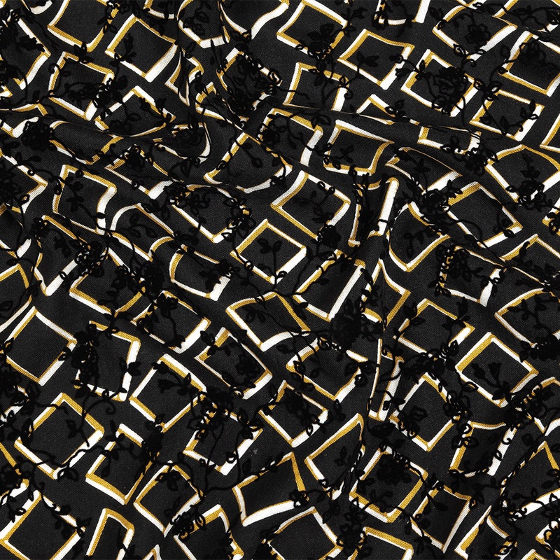 Black, White and Spruce Yellow Flocked Florals on Tossed Squares Printed Viscose Woven