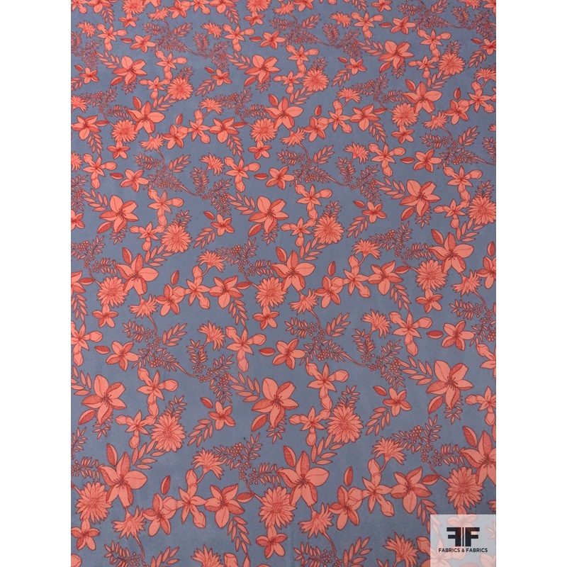 Famous NYC Designer Sketch Floral Printed Polyester Chiffon – Coral / Strawberry / Periwinkle Fabric by the Yard