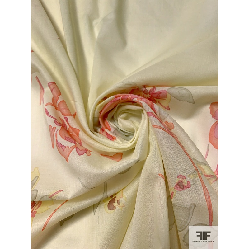 Feminine Floral Printed Cotton Voile – Coral / Pink / Yellow / Sugar Cookie Fabric by the Yard