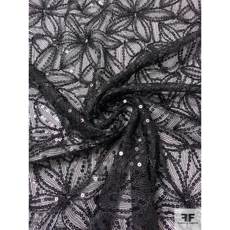 Floral Embroidered Tulle with Sequins and Beads – Black Fabric by the Yard