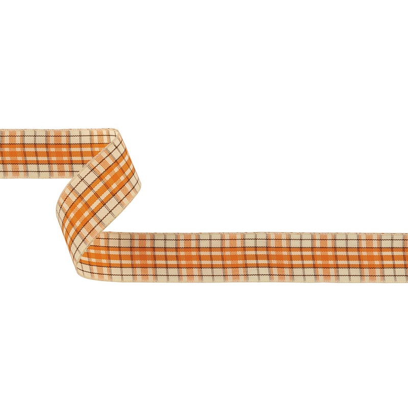 Golden Poppy, Brown and Vanilla Ice Plaid Woven Ribbon – 1″