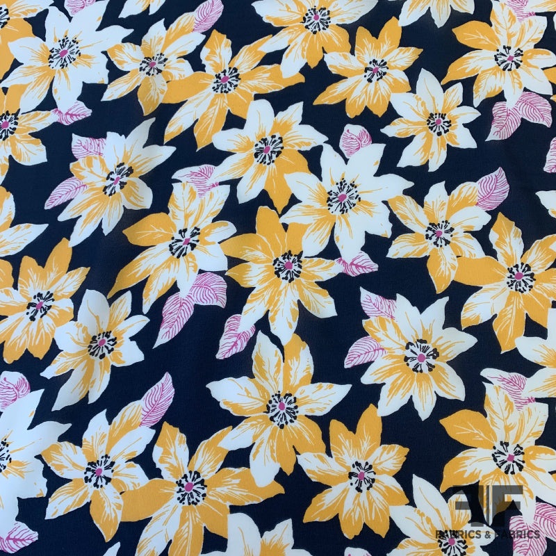 Large Angkor Floral Silk Georgette – Midnight Navy/Tangerine Fabric by the Yard