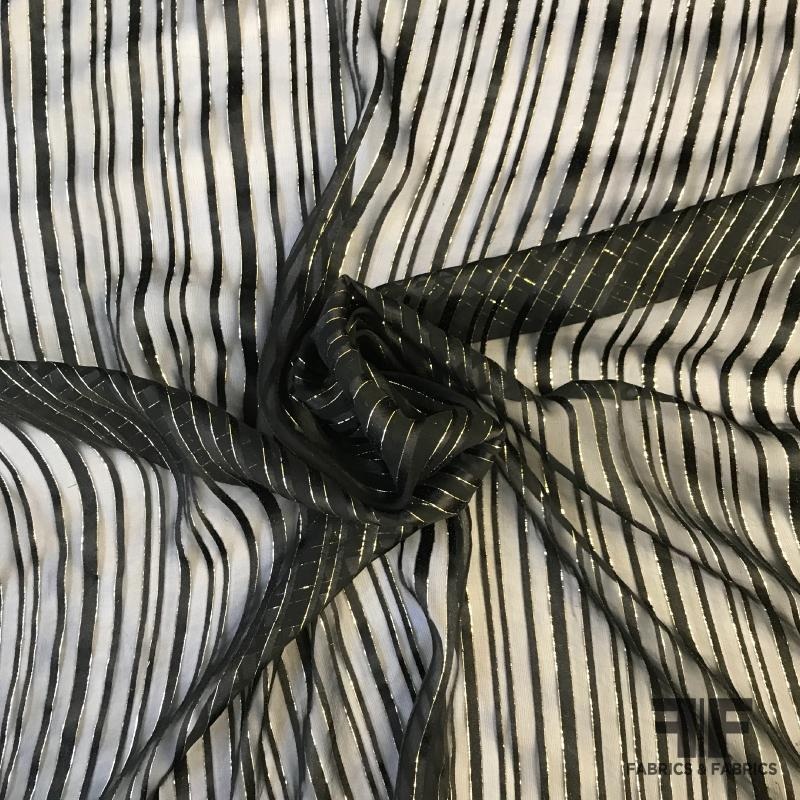 Metallic Striped Silk Chiffon Burnout – Black/Gold Fabric by the Yard