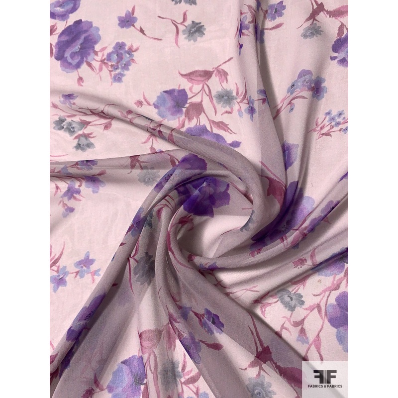 Romantic Floral Printed Silk Chiffon – Lavender / Purple / Plum Fabric by the Yard