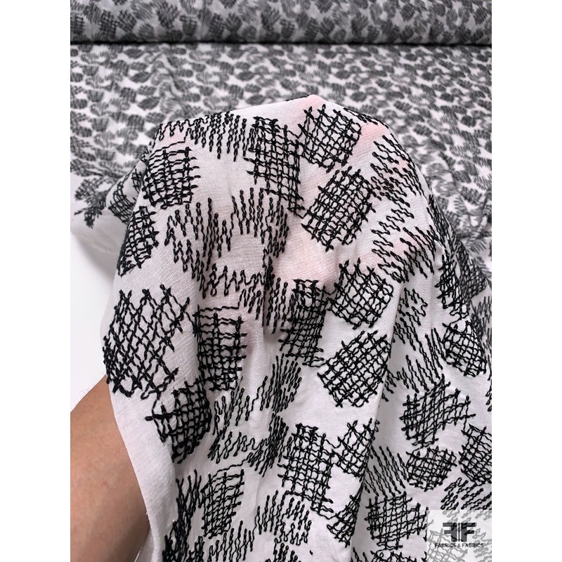 Zig Zag Patch Embroidered Cotton Voile – White / Black Fabric by the Yard