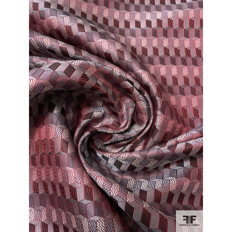 Cube Mosaic Silk Necktie Jacquard Brocade – Maroon / Grey / Black Fabric by the Yard