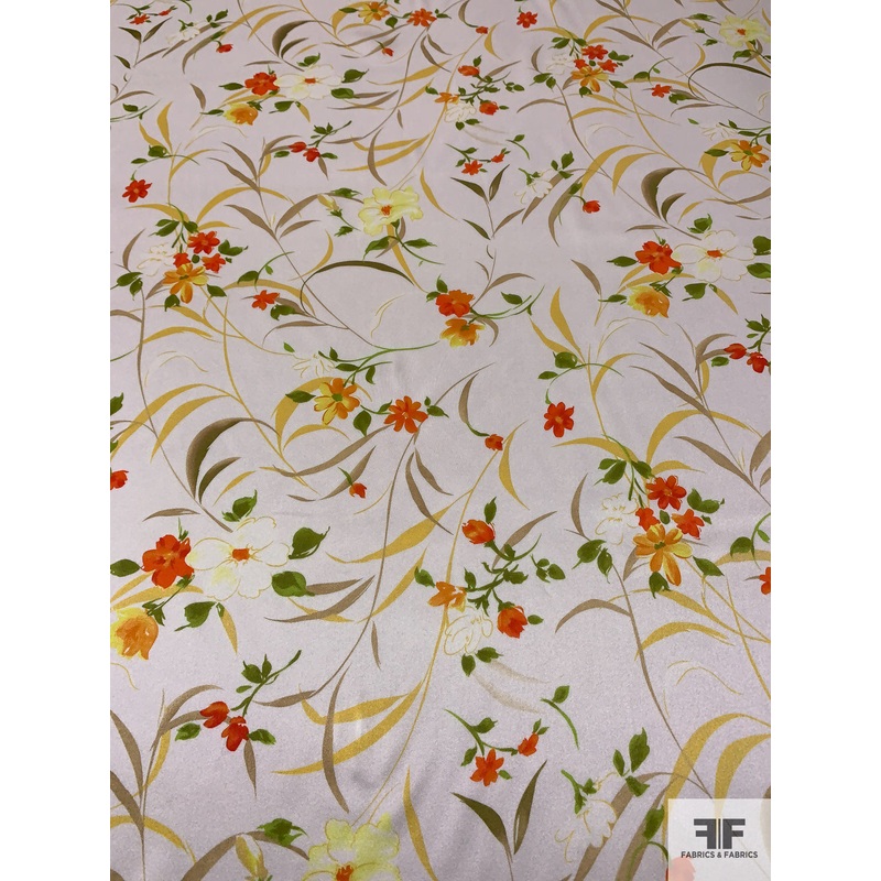 Floral Stalk Leaves Printed Silk Charmeuse – Yellow / Orange / Green / Off-White Fabric by the Yard