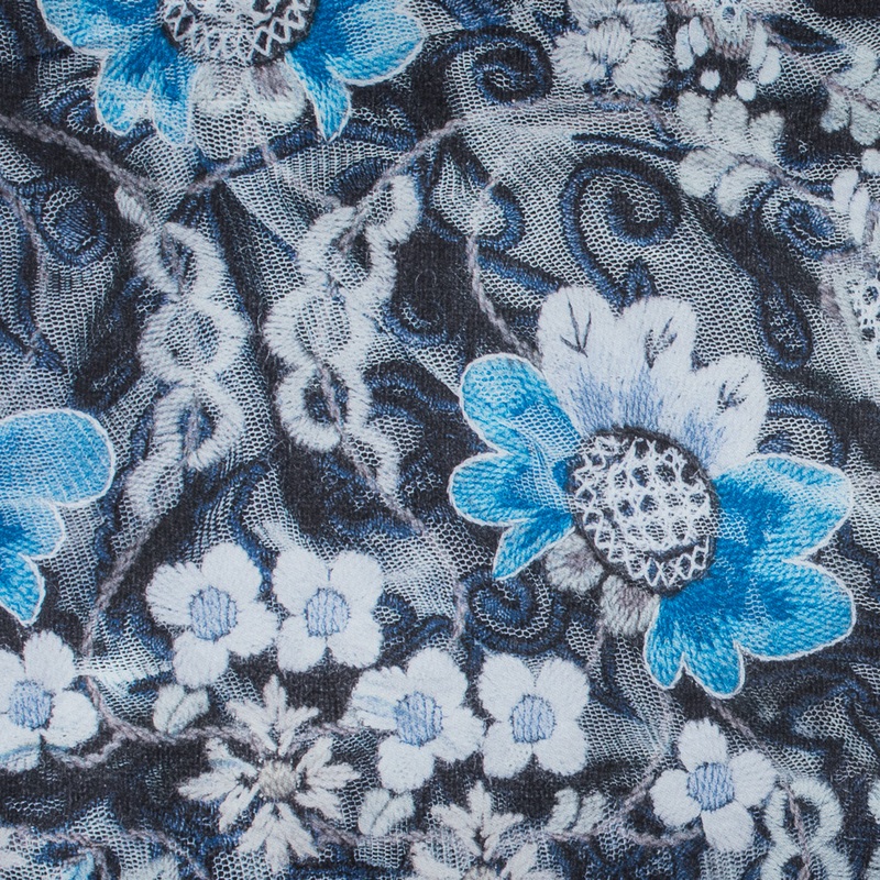 Italian Blue Floral Digitally Printed Polyester Charmeuse