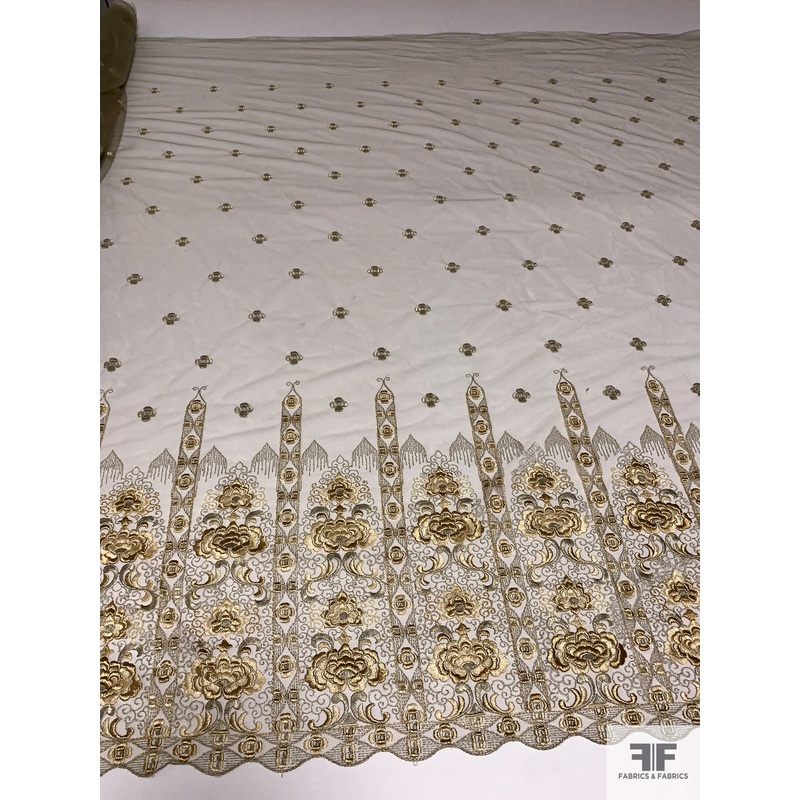 Italian Regal Border Pattern Embroidered Fine Tulle – Gold / Light Gold / Light Olive Fabric by the Yard