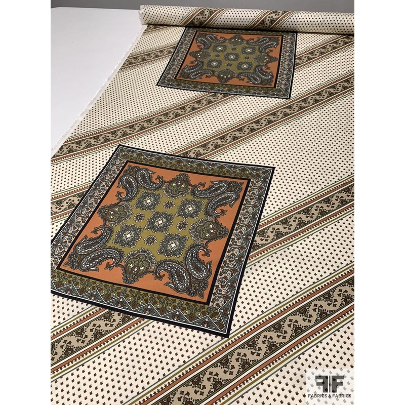 Paisley Scarf Motif Printed Silk Twill – Olive / Cream / Brick Fabric by the Yard