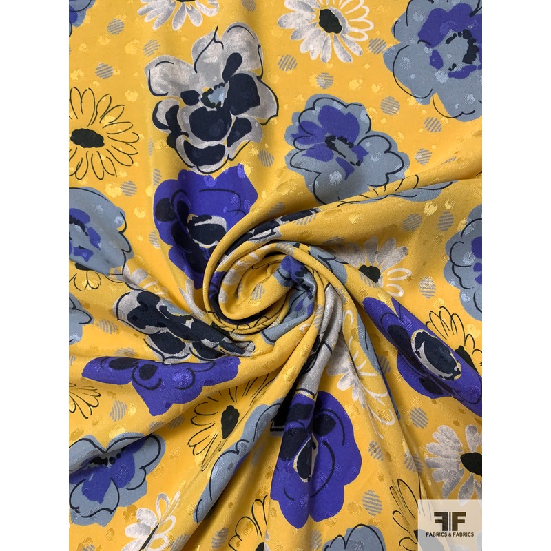 Playful Floral Printed Jacquard Silk Charmeuse – Yellow / Blue / Grey / Navy Fabric by the Yard